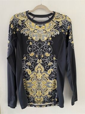 Athleta Rash Guard Black with Yellow & White Paisley Accents Size Small Tall